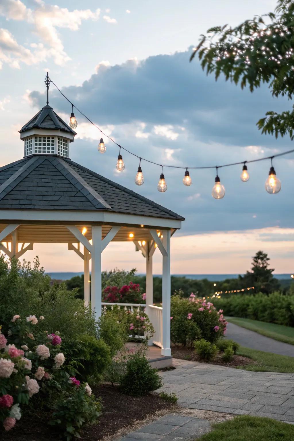 Minimalist dangling lights accentuate the inherent splendor encompassing your gazebo.