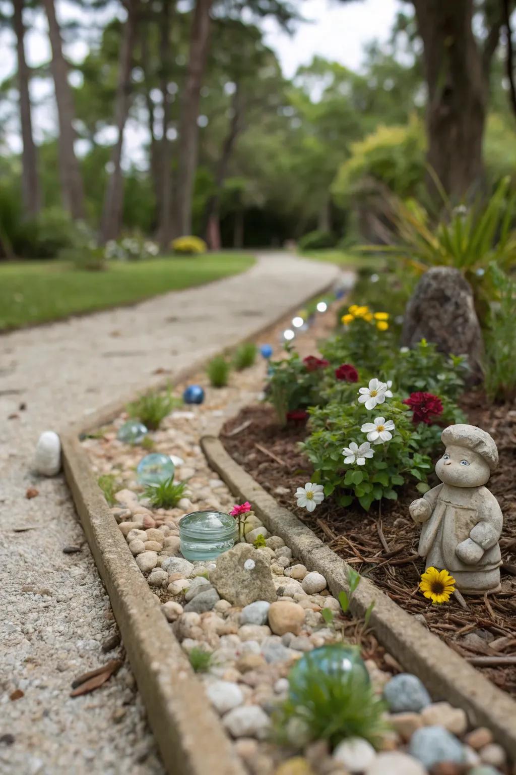 A playful pebble flower bed featuring playful elements
