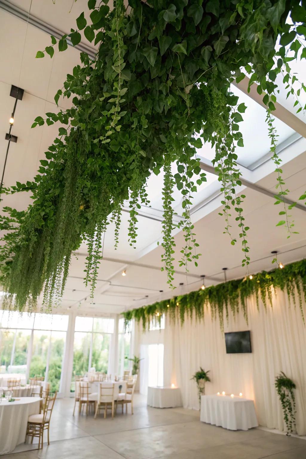A leafy ceiling installation offers a unique and stunning decor twist.