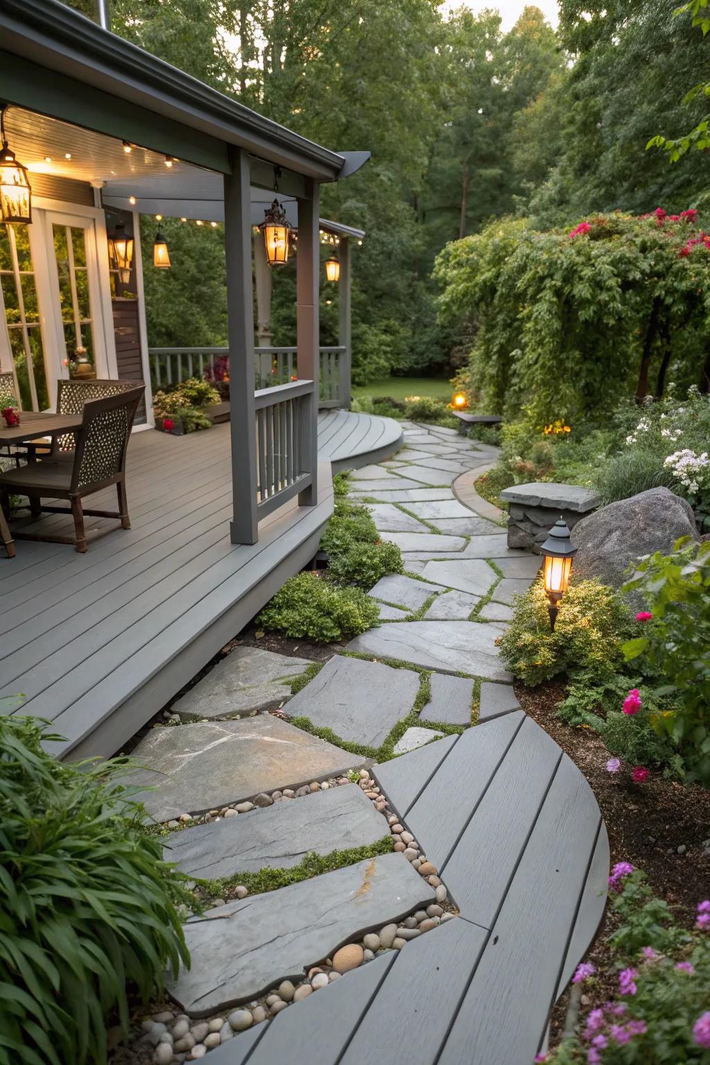 Elegant stone accents improving the design of a grey patio.