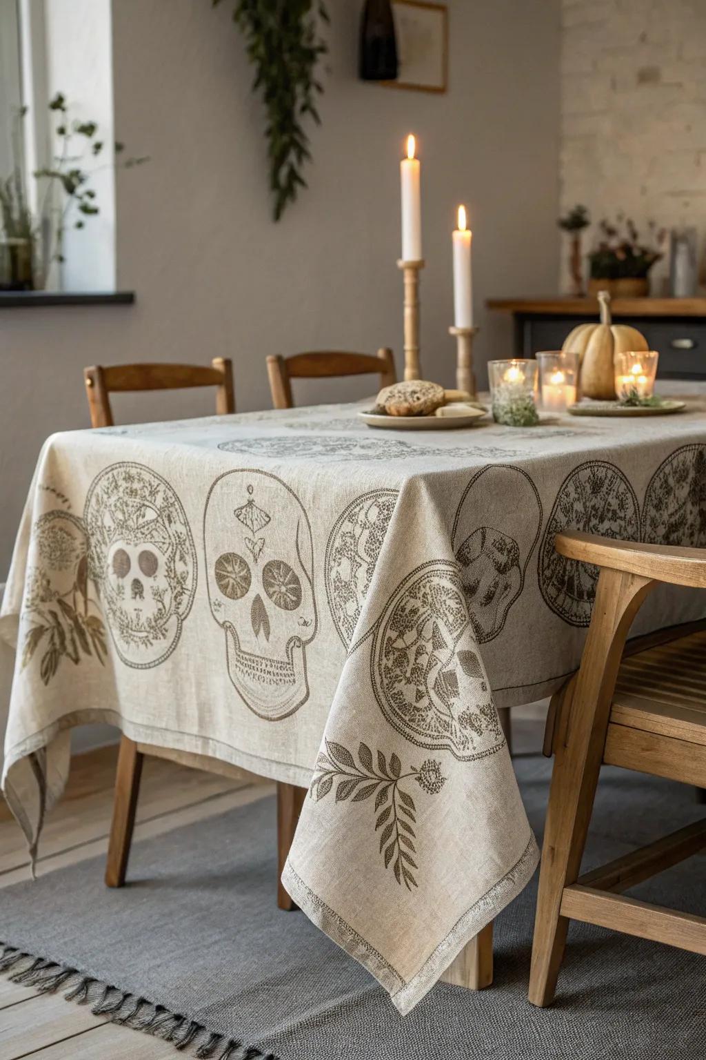 Include a trace of style and mystery to your Halloween dinner using this beautiful cranium tablecloth.