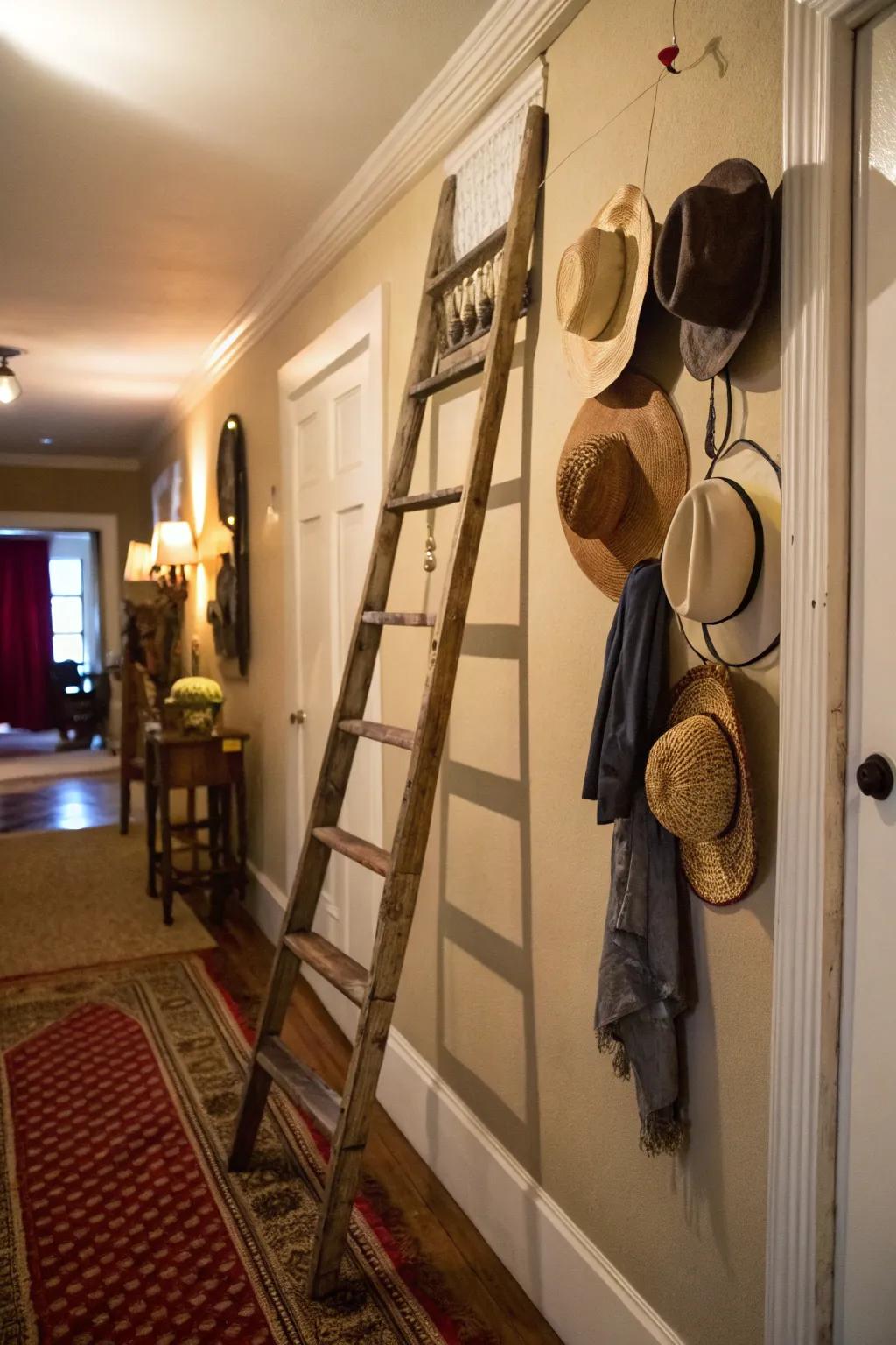 A vintage ladder brings country charm to your hat display.