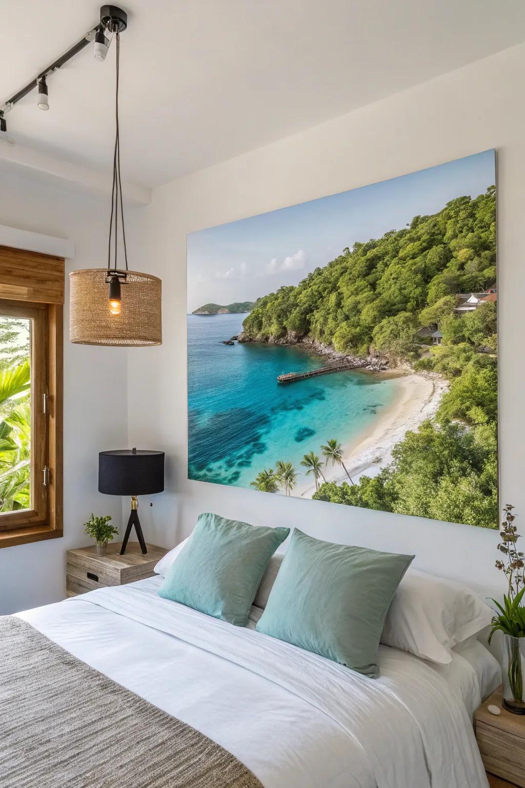 A tranquil island hideaway print contributing serenity to a bedroom.