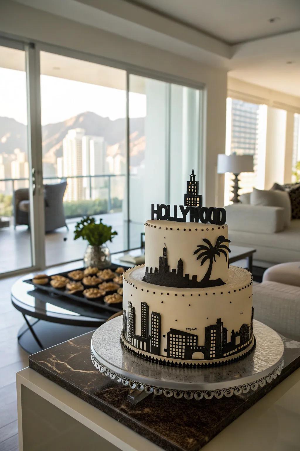 A Hollywood horizon cake transports the lively cityscape to your celebration.