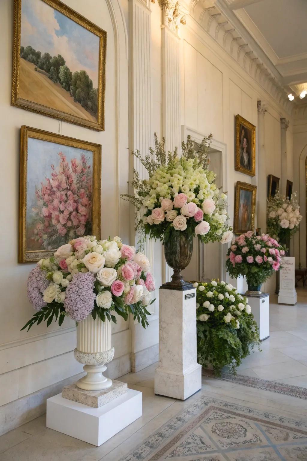 Floral formations coordinated with artwork spotlight both exquisitely.