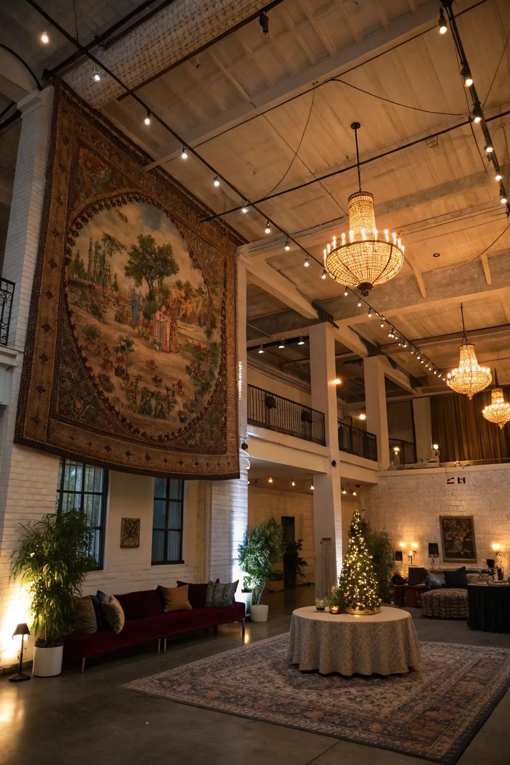 Ceiling-secured textiles amplify drama and refinement.