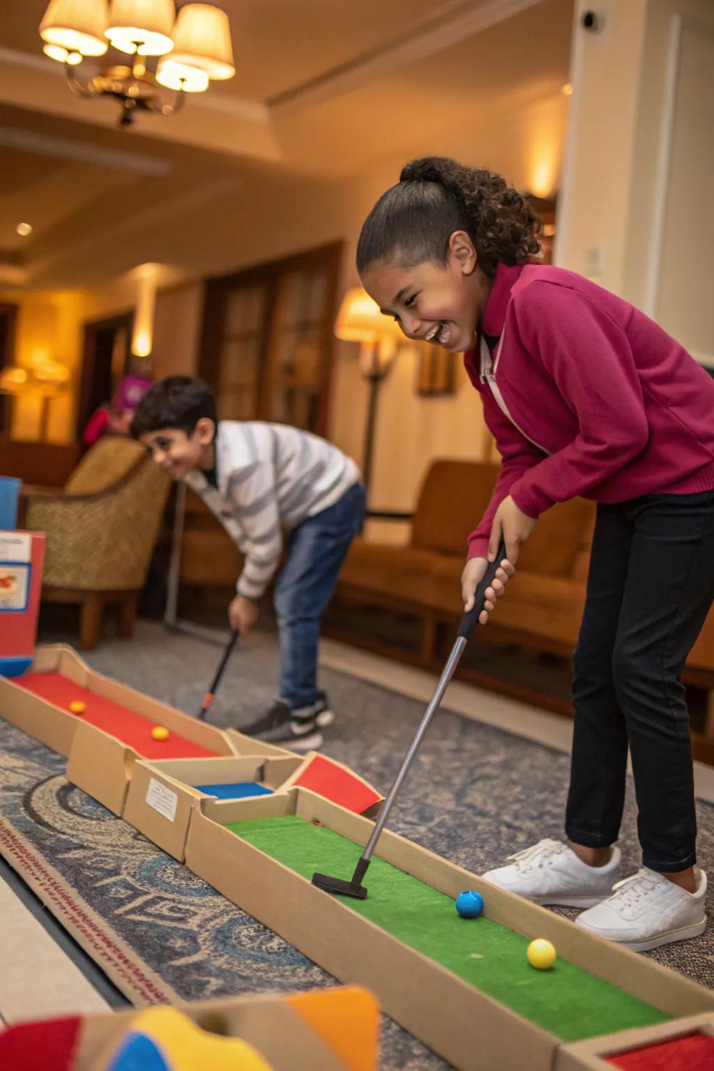 Indoor mini-golf transforms your living room into a delightful, playful course.