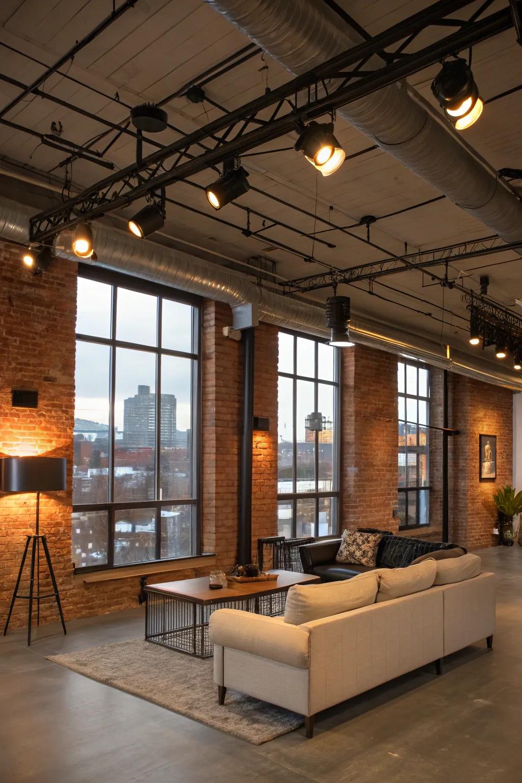 Workshop-style living area enhanced by stunning LED flood lighting