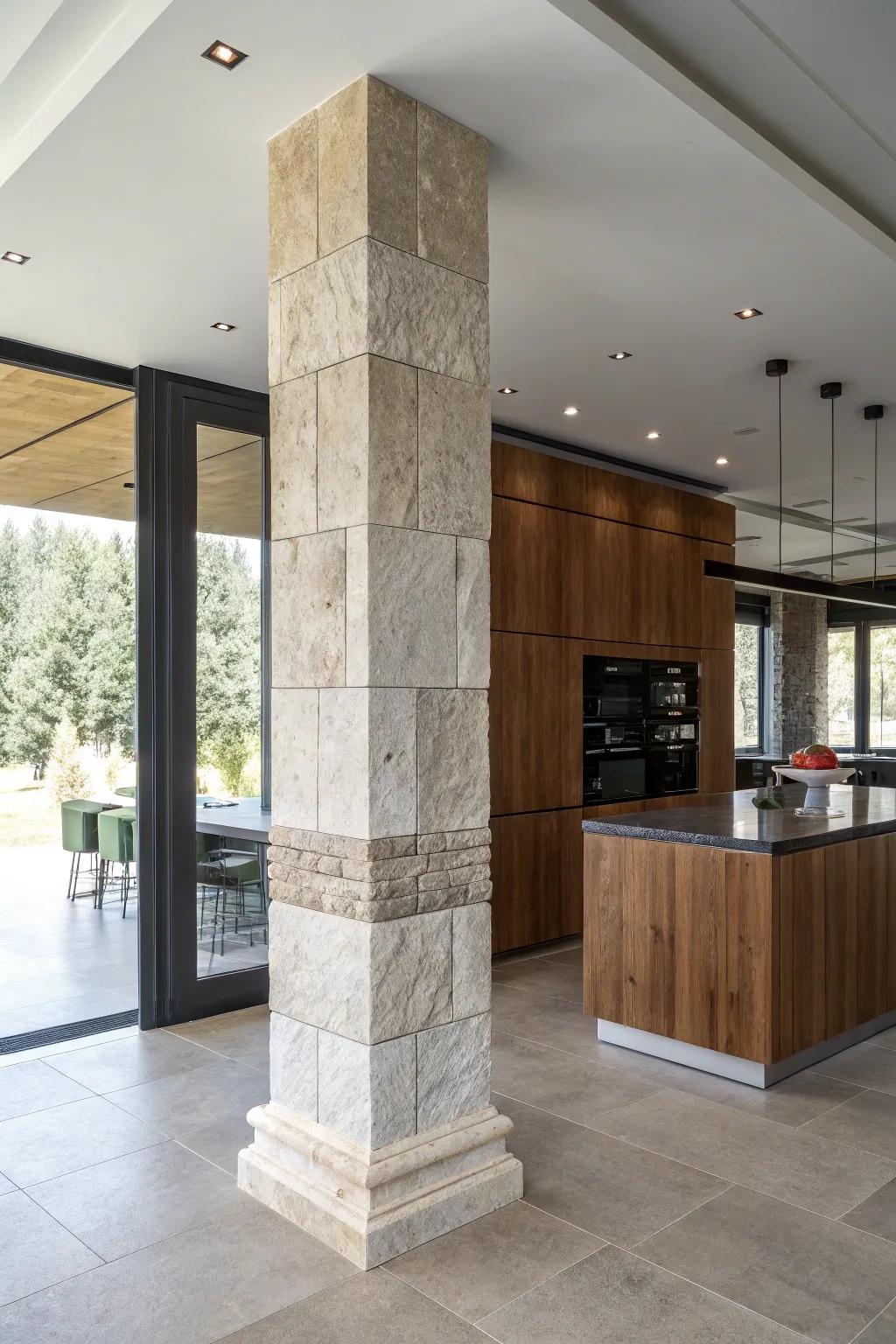 Mixed materials add texture to columns.