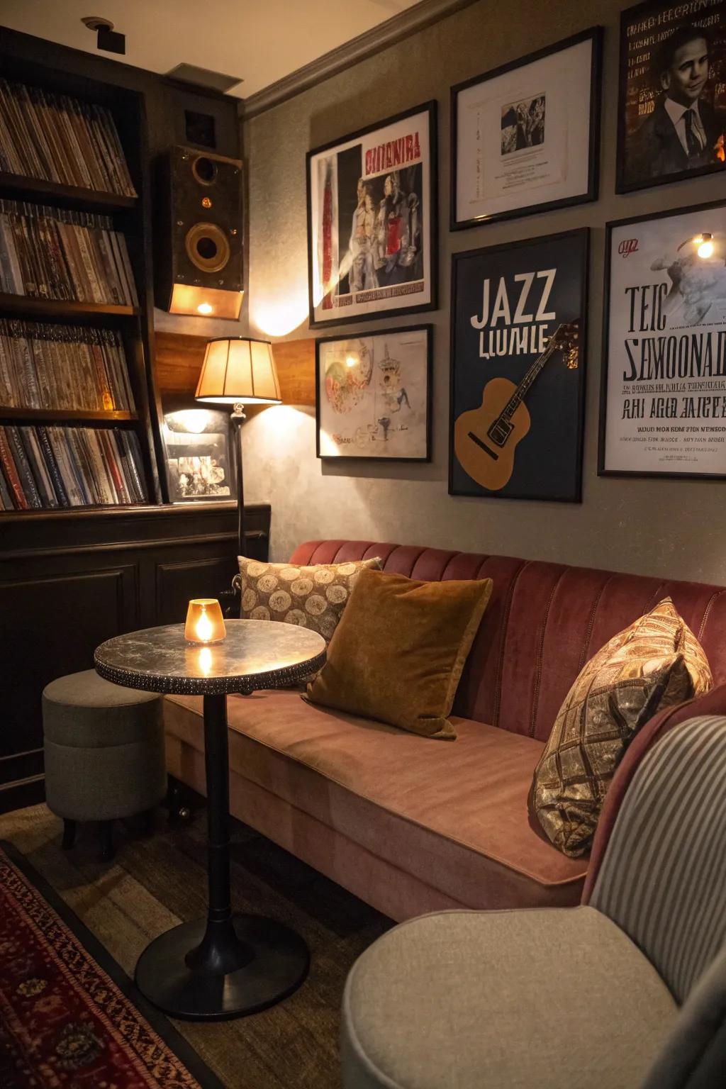 A cozy jazz listening nook invites relaxation and connection.