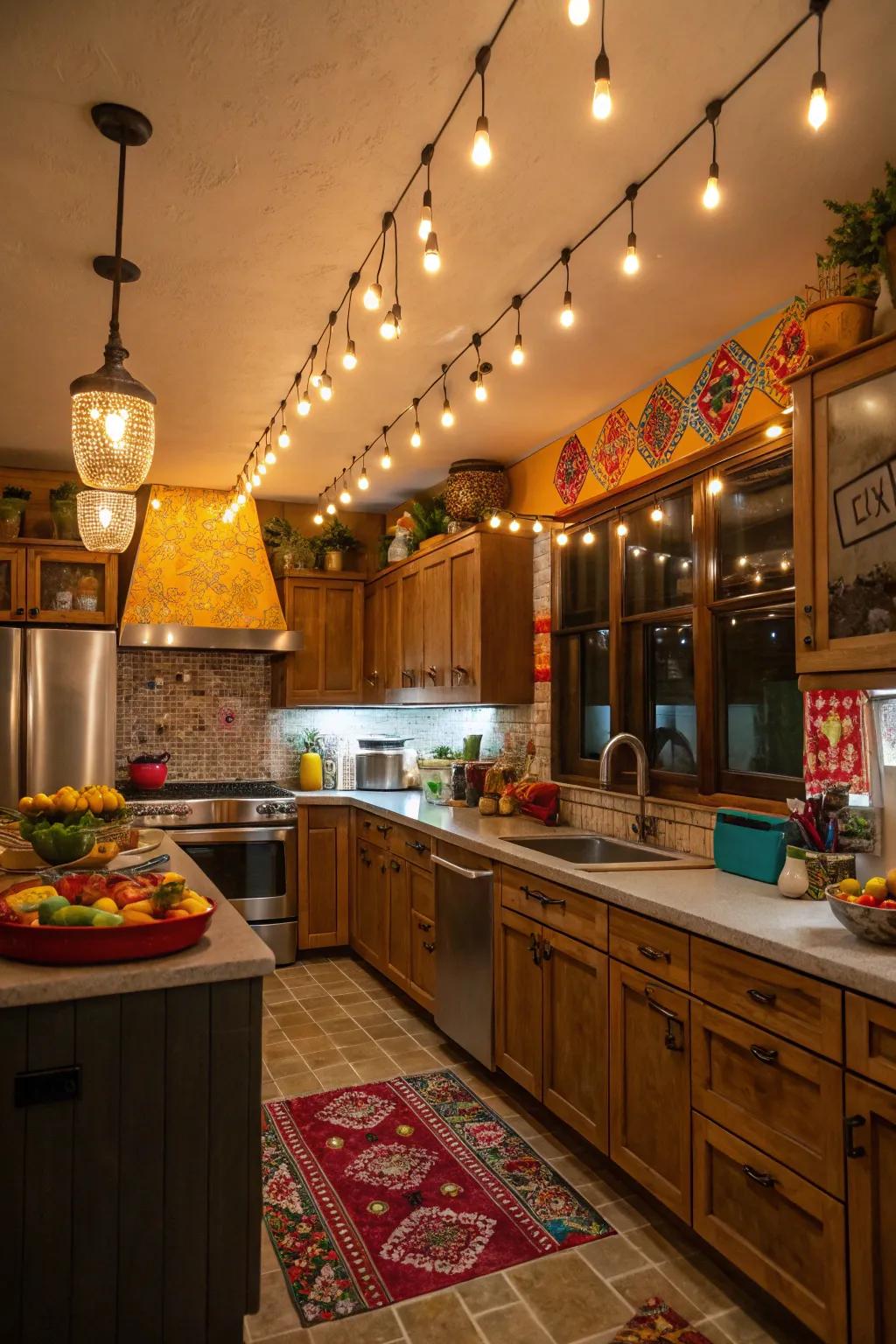 An eclectic mix of lighting styles creates a unique and personalized kitchen atmosphere.