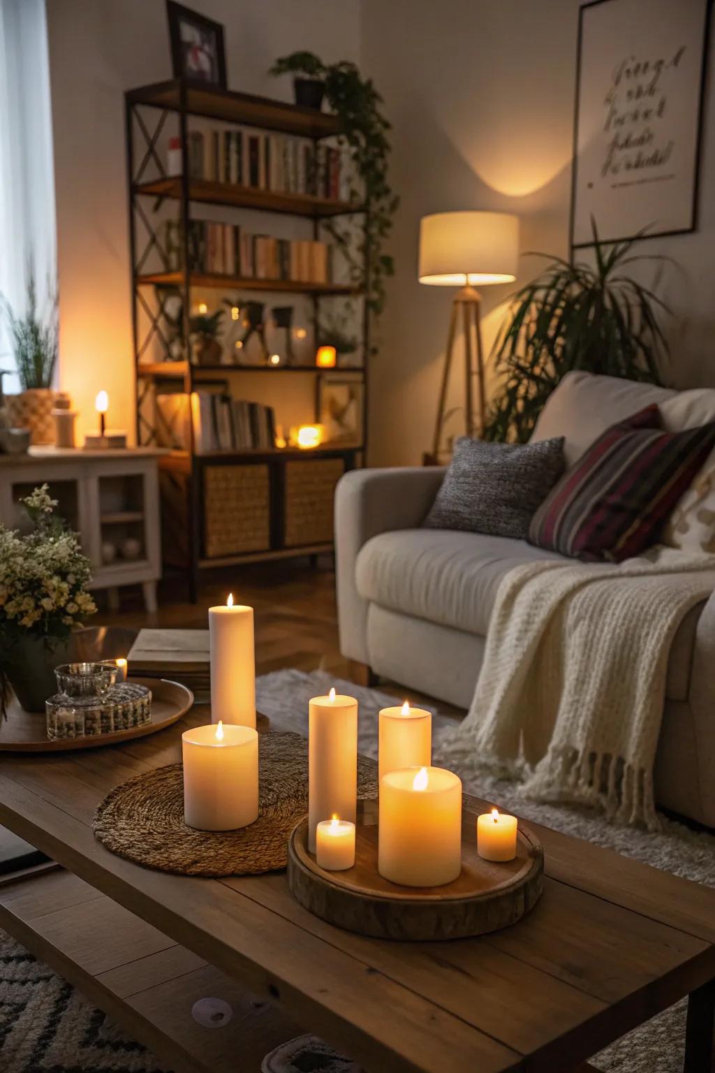 Snug ambiance with secure LED candle lighting.