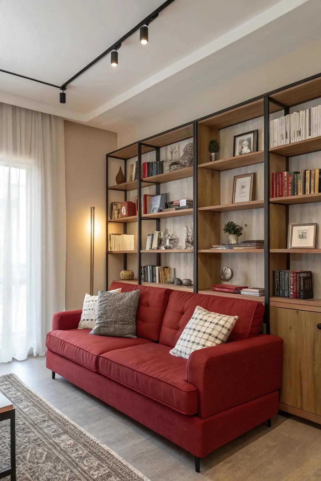 Stylish stowing solutions frame your ruby settee, infusing both practicality and aesthetic appeal.