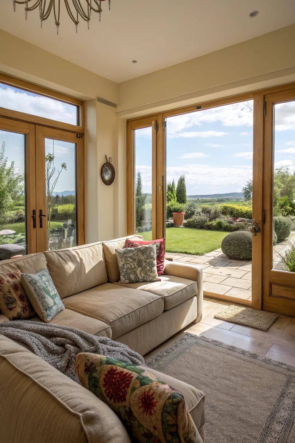 A sectional near windows enhances the indoor-outdoor connection.