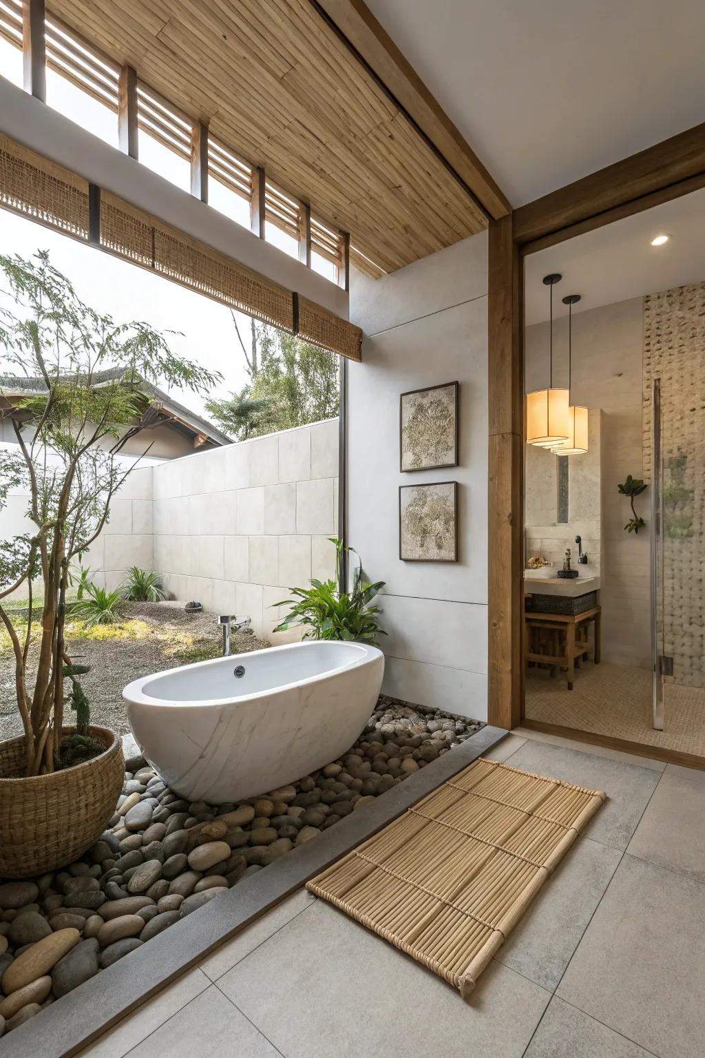 Zen-inspired simplicity promoting relaxation in a bathroom.