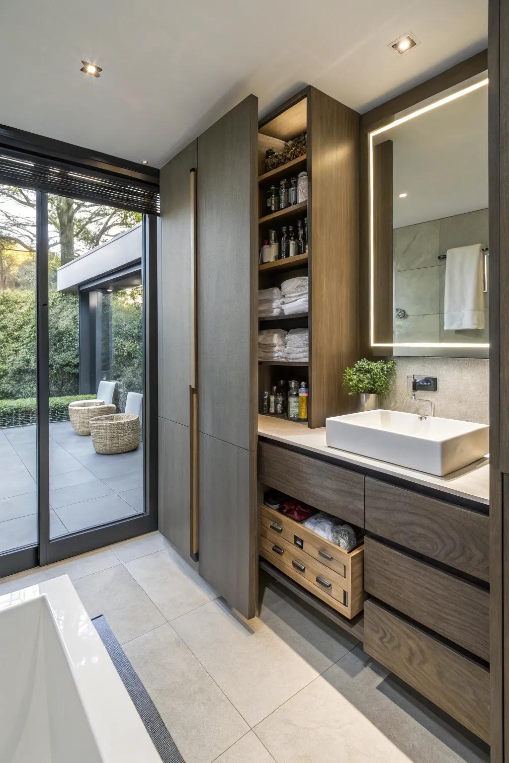 A modern bathroom featuring secluded storage systems for a clean look.