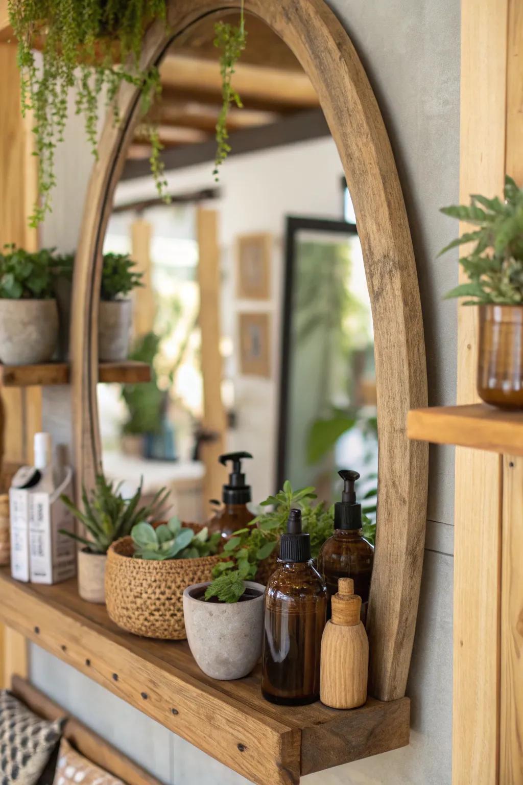 An eco-friendly mirror showcasing a reclaimed timber ledge, conceived for a touch of sustainability.