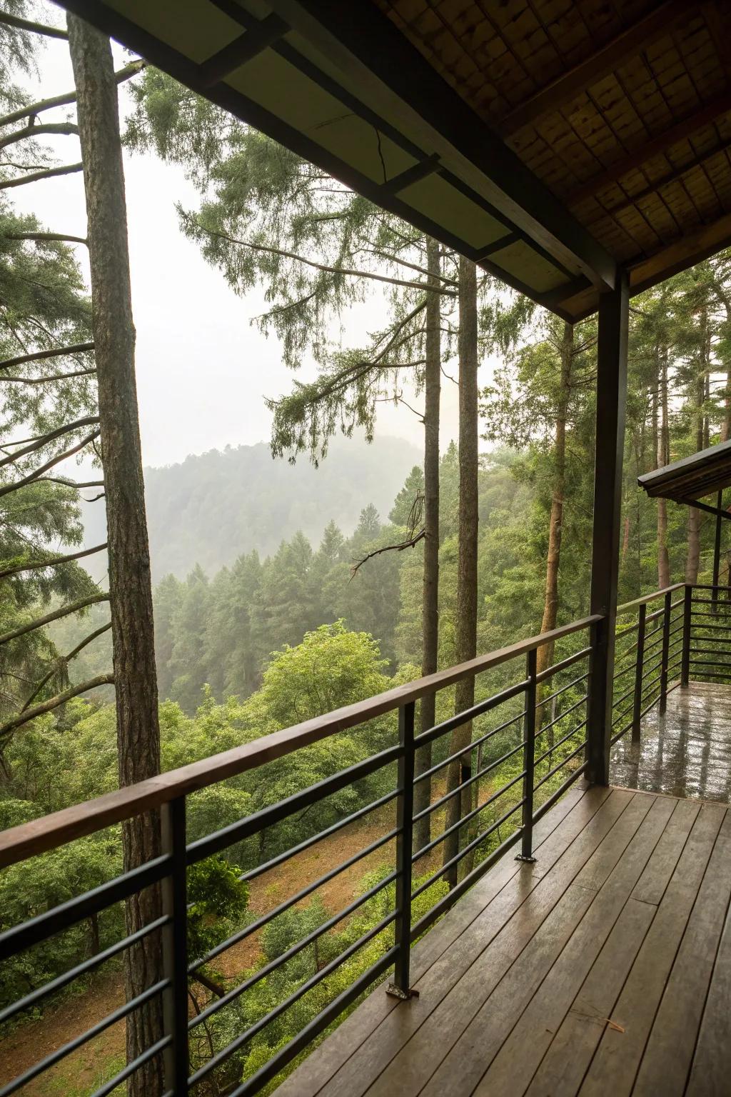 Balcony with borders made from recycled materials, facing a forest