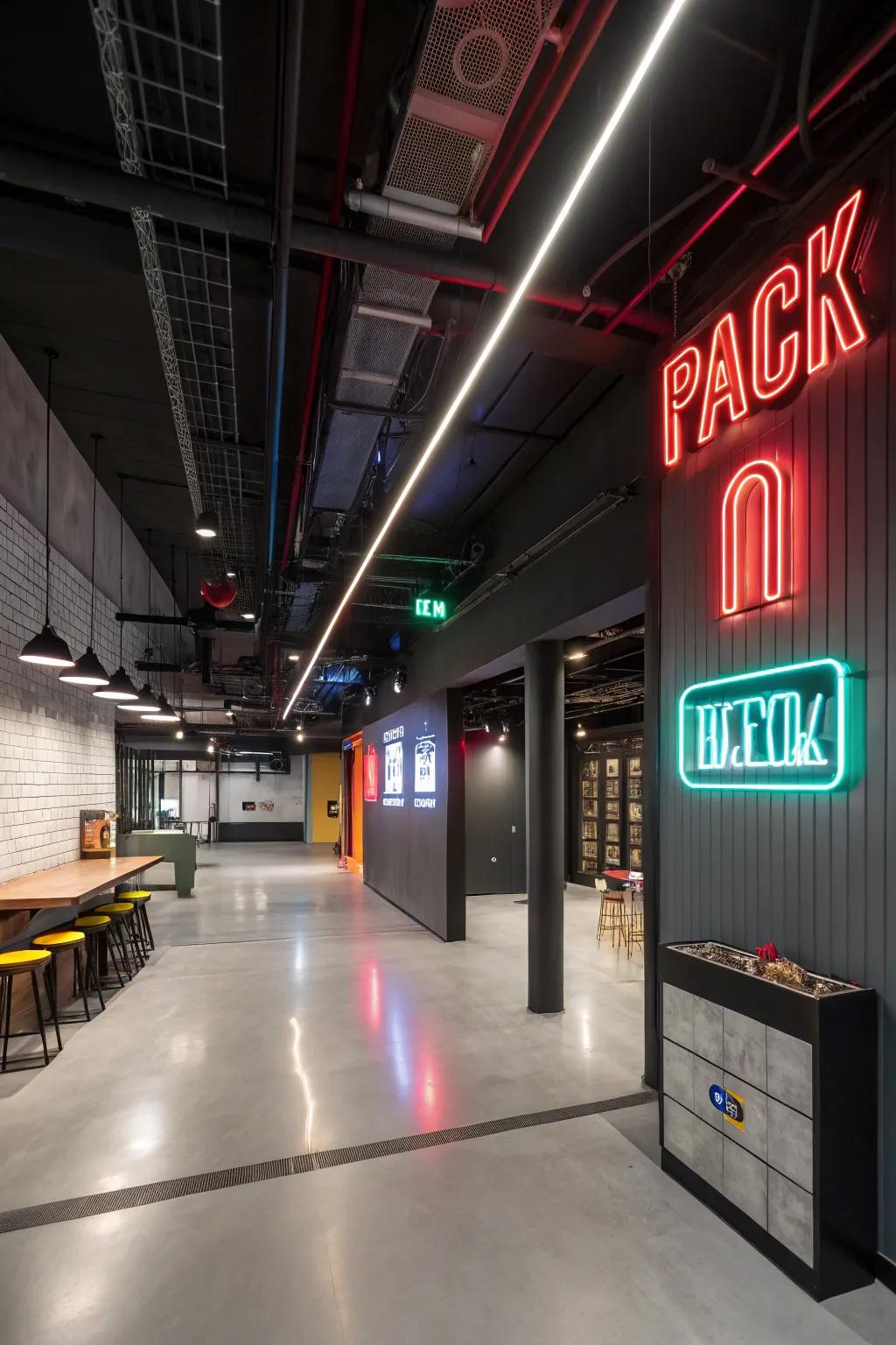 Neon signs infuse a playful and contemporary vibe into the basement.