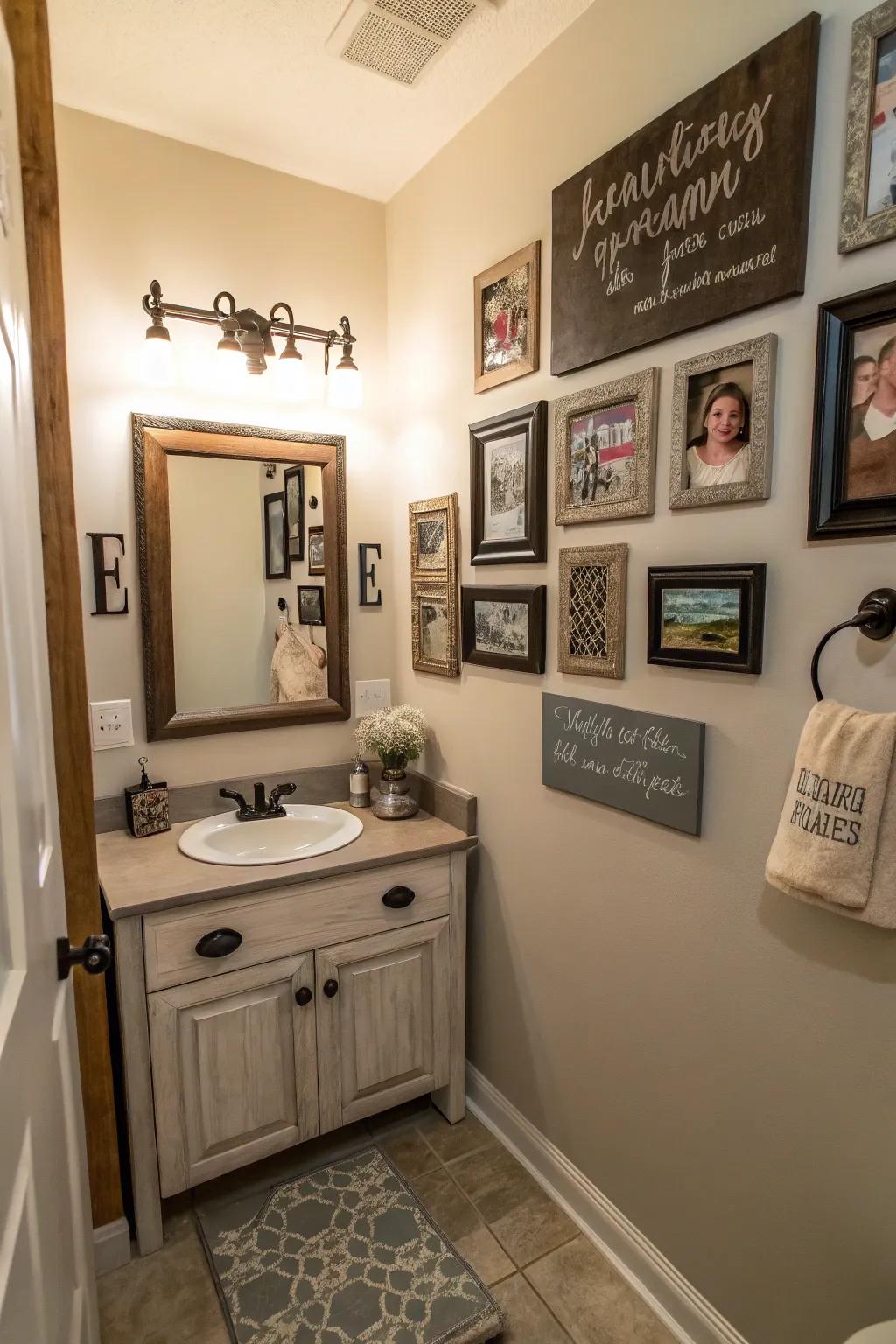 Personal photos and customized signs in a washroom.