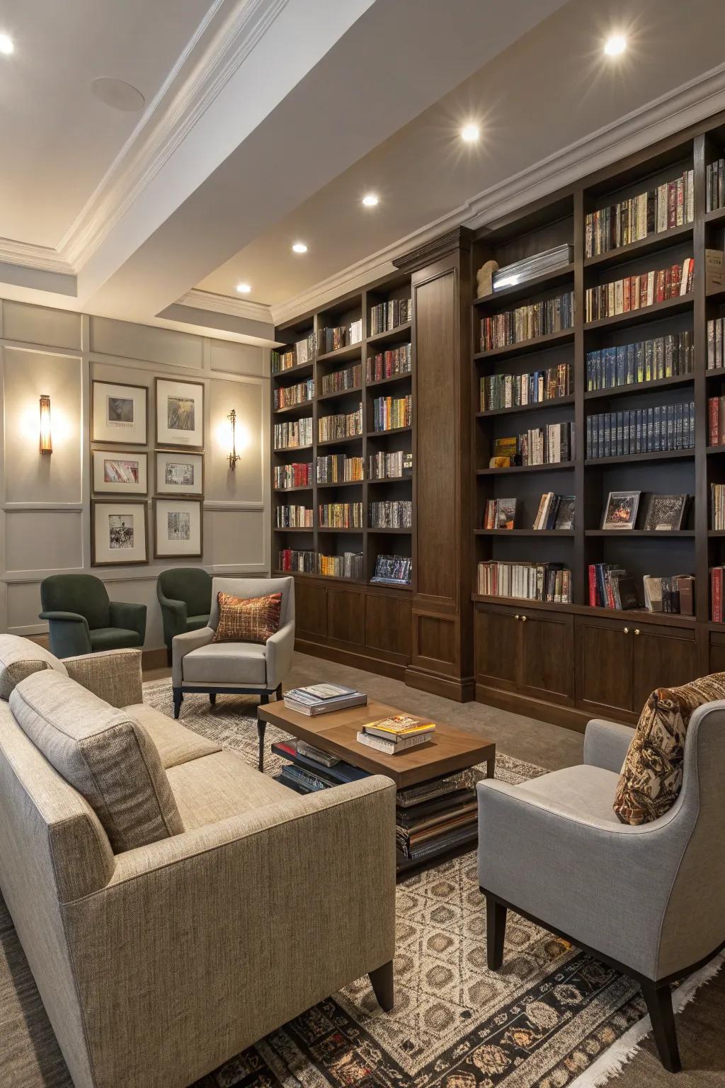A personal library in a modern flex room.