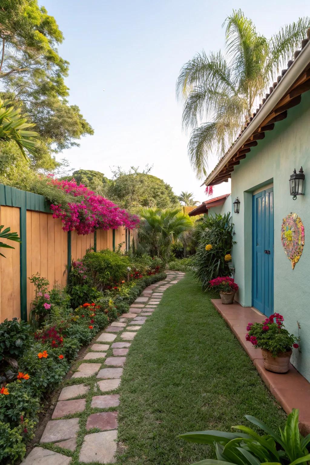 A vibrant wall imparts a playful aspect to the yard.