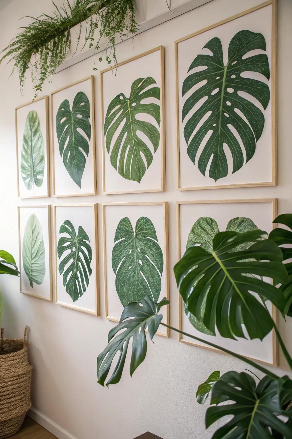 Botanical art prints showcasing monstera leaves.