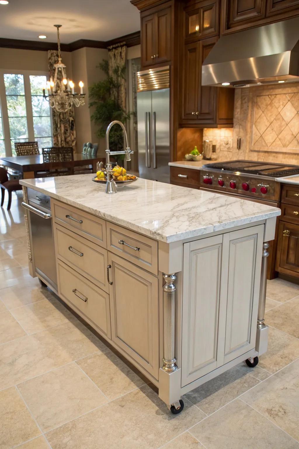 An elegant marble top kitchen island