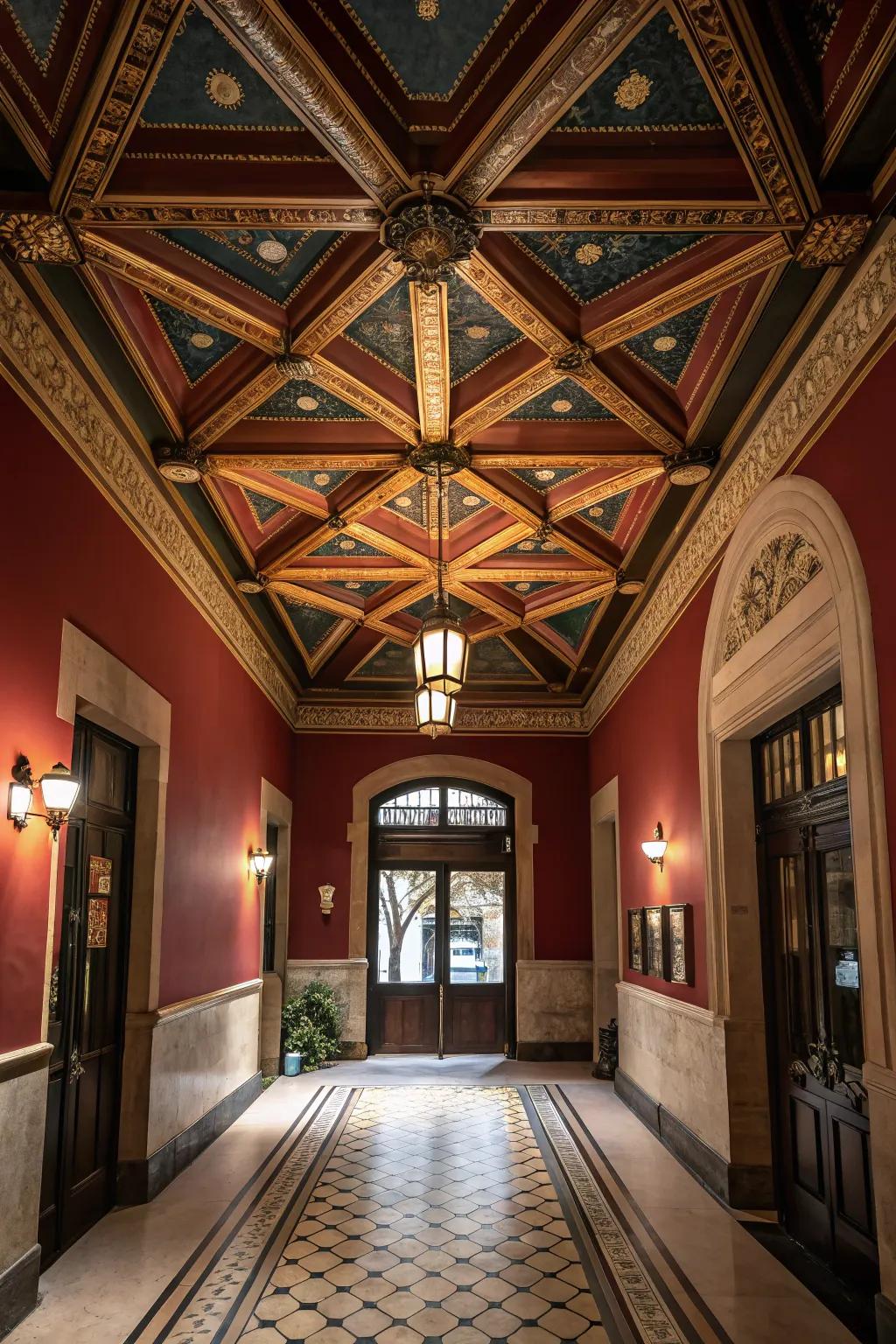 Ceiling designs in an entryway add depth and an unexpected element of surprise.