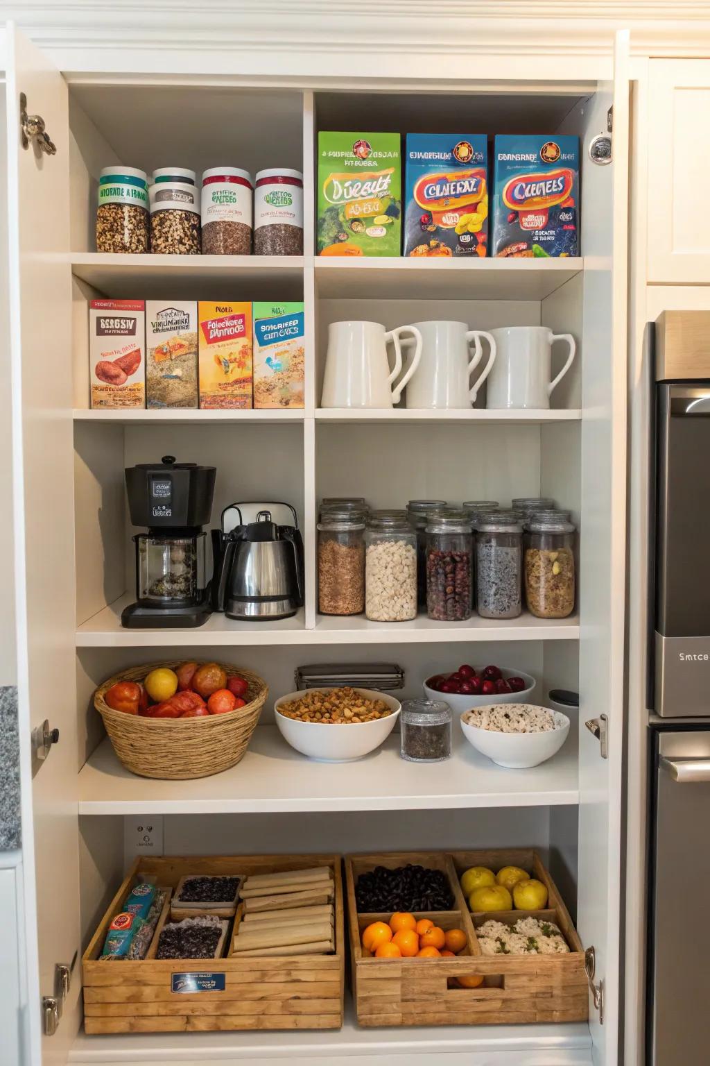 A breakfast corner streamlines morning habits through systematized staples.