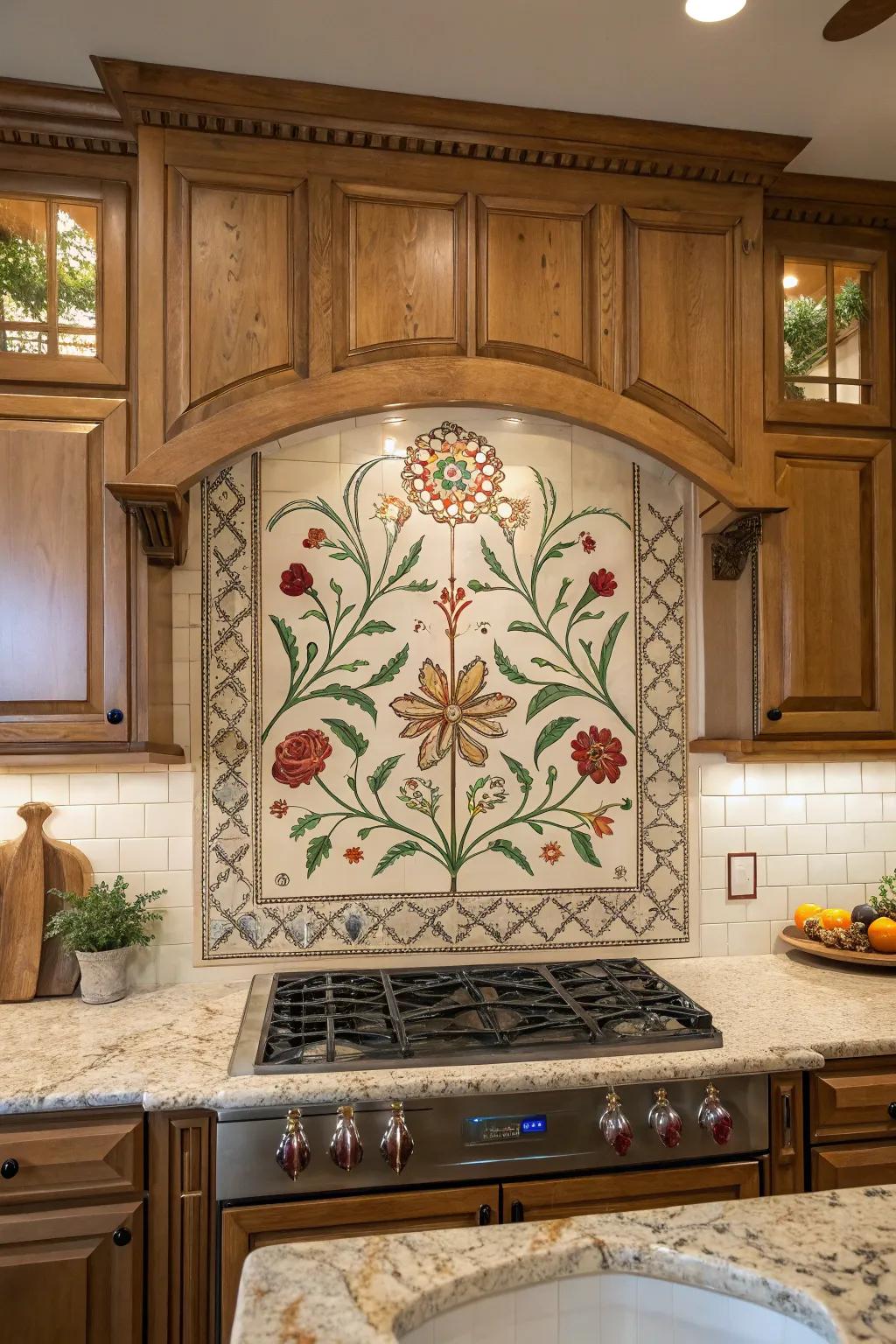 A unique backsplash serves as a captivating element in the kitchen.