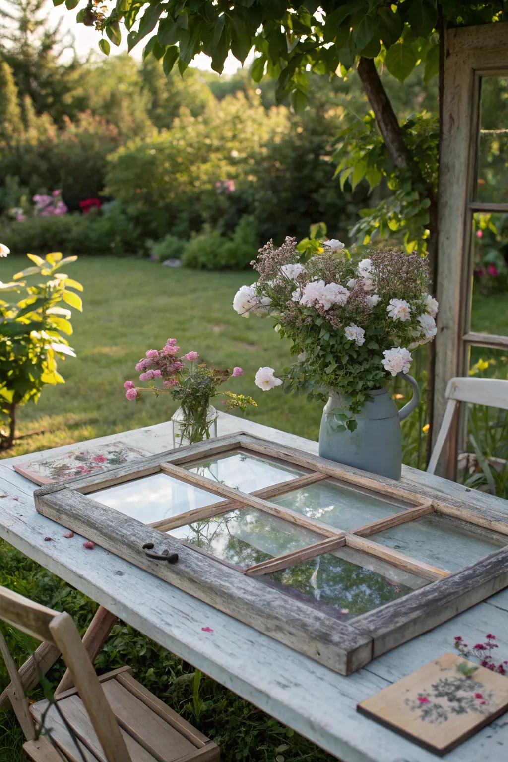 Repurposed window border table tops bring vintage charm and nostalgia to outdoor areas.