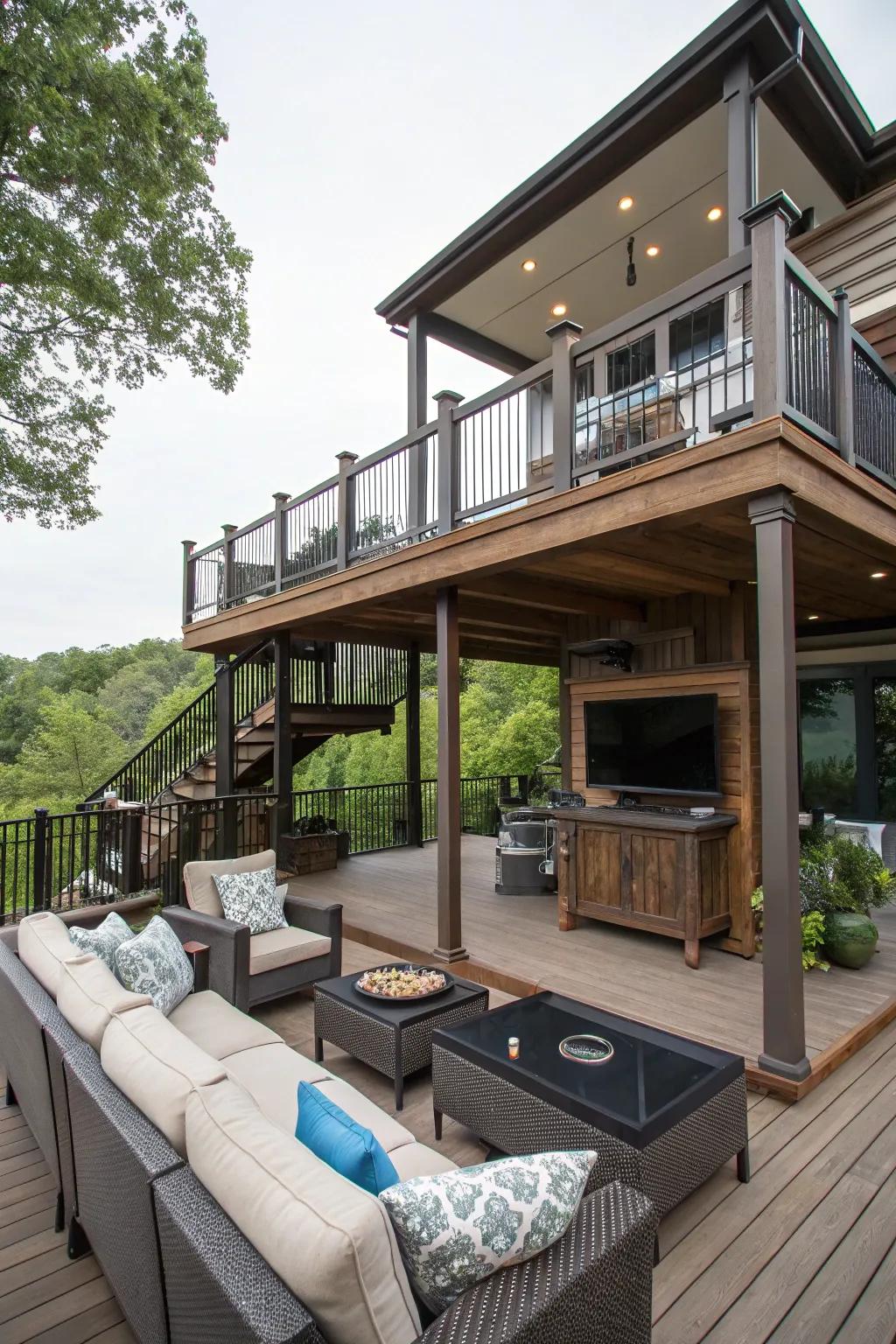 Multi-tiered patios offer versatility and style to your backyard viewing space.
