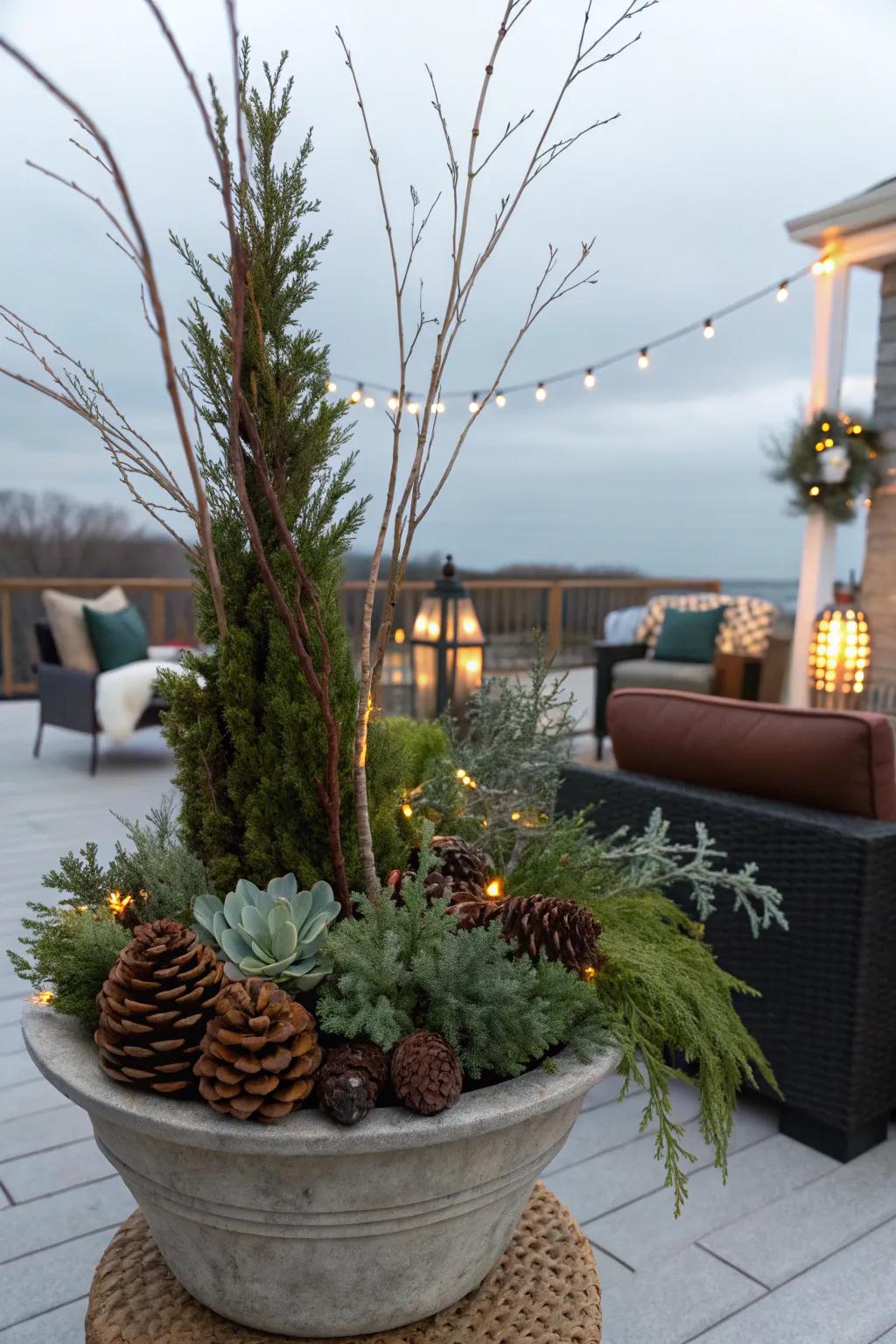 Combining materials contributes depth and allure to planters.