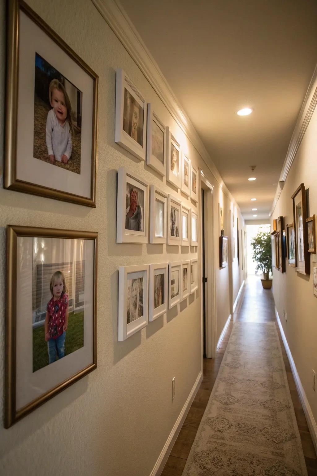 A sequential wall captures family history through frames.