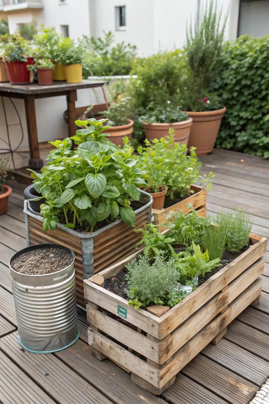 Herb garden created using recycled materials.