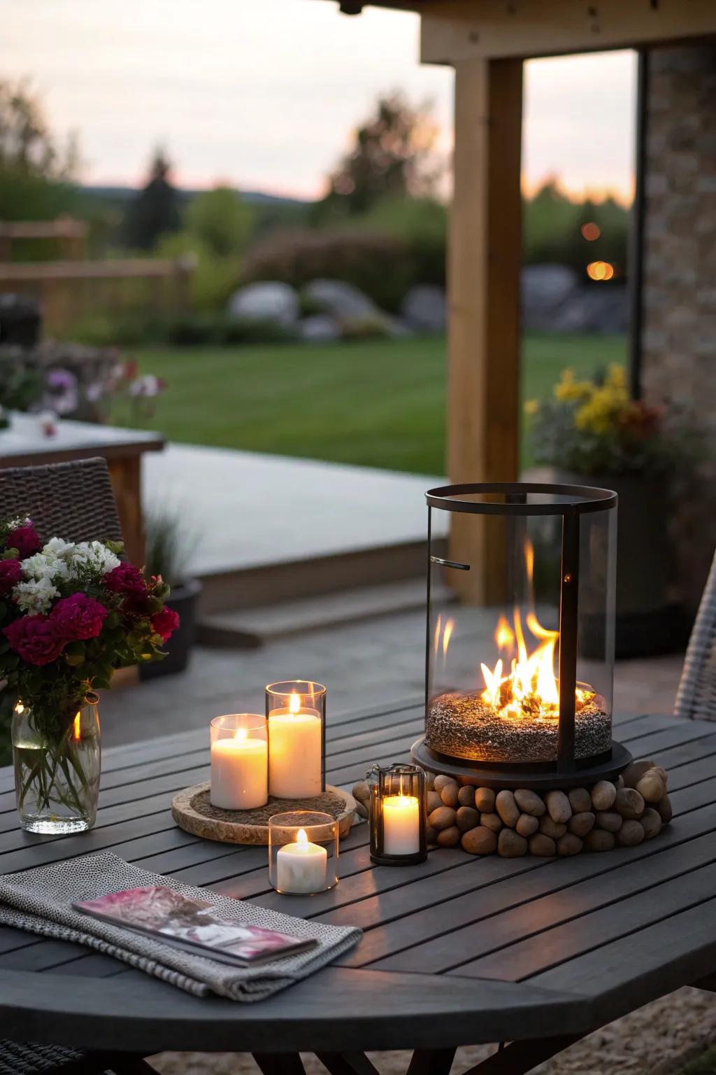 A tabletop blaze spot contributes warmth and a touch of luxury to snug evenings.