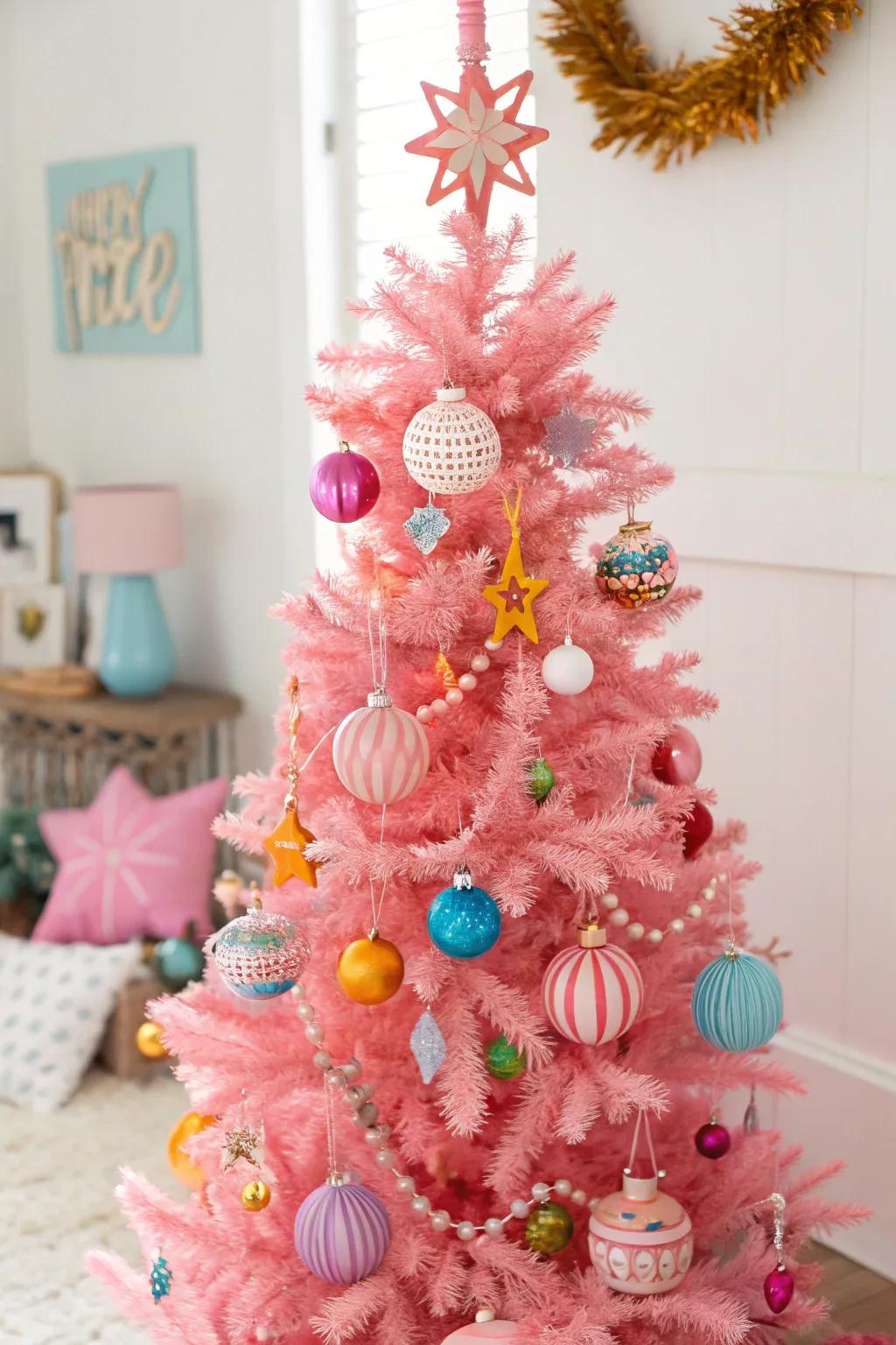 DIY ornaments affix a personal accent to this charming rosy tree.
