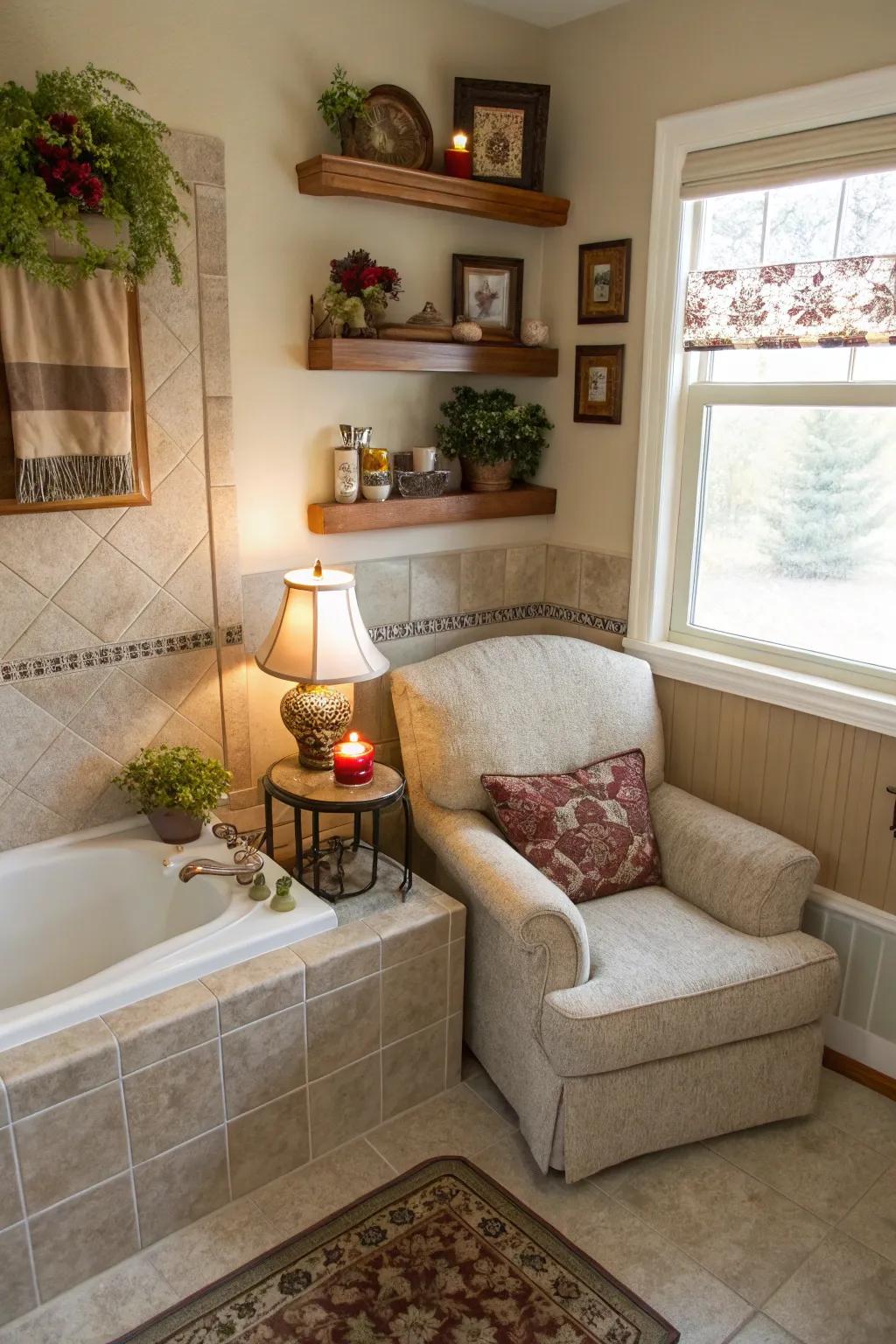 Personalized nooks provide comfort and added functionality to bathrooms.