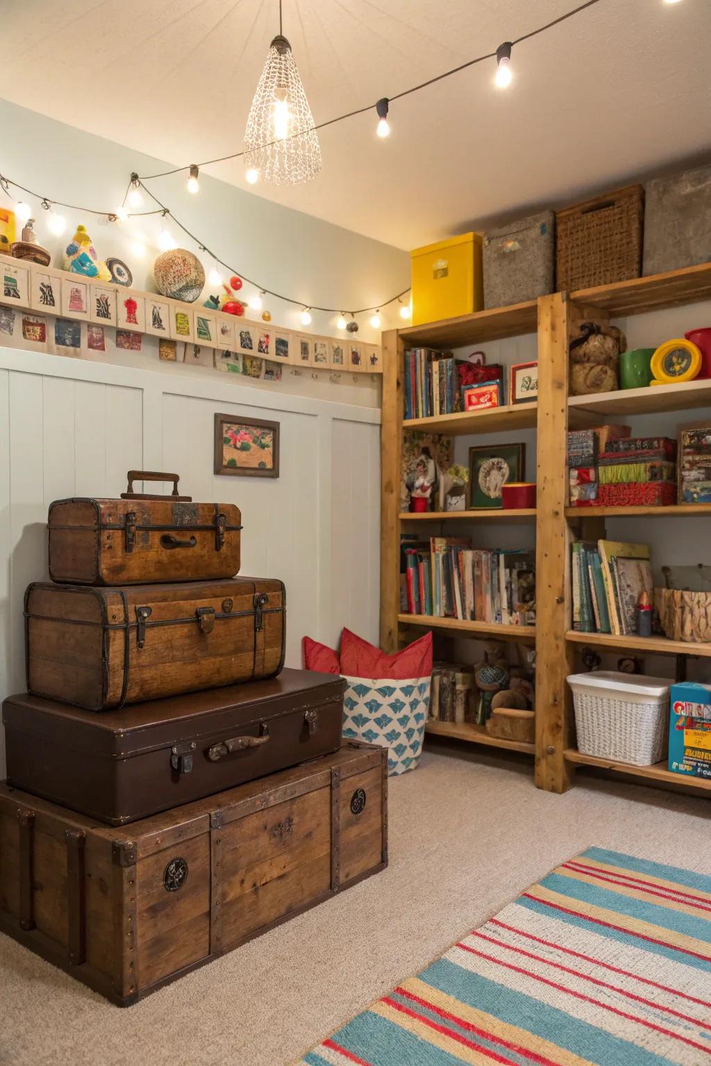 Repurposed furniture adds character and functionality.