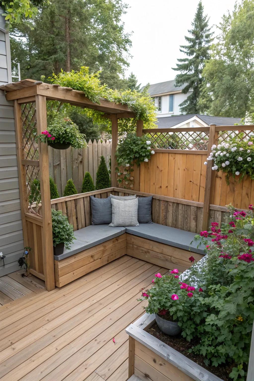 High-back stools fashion a snug, secluded nook on a deck.
