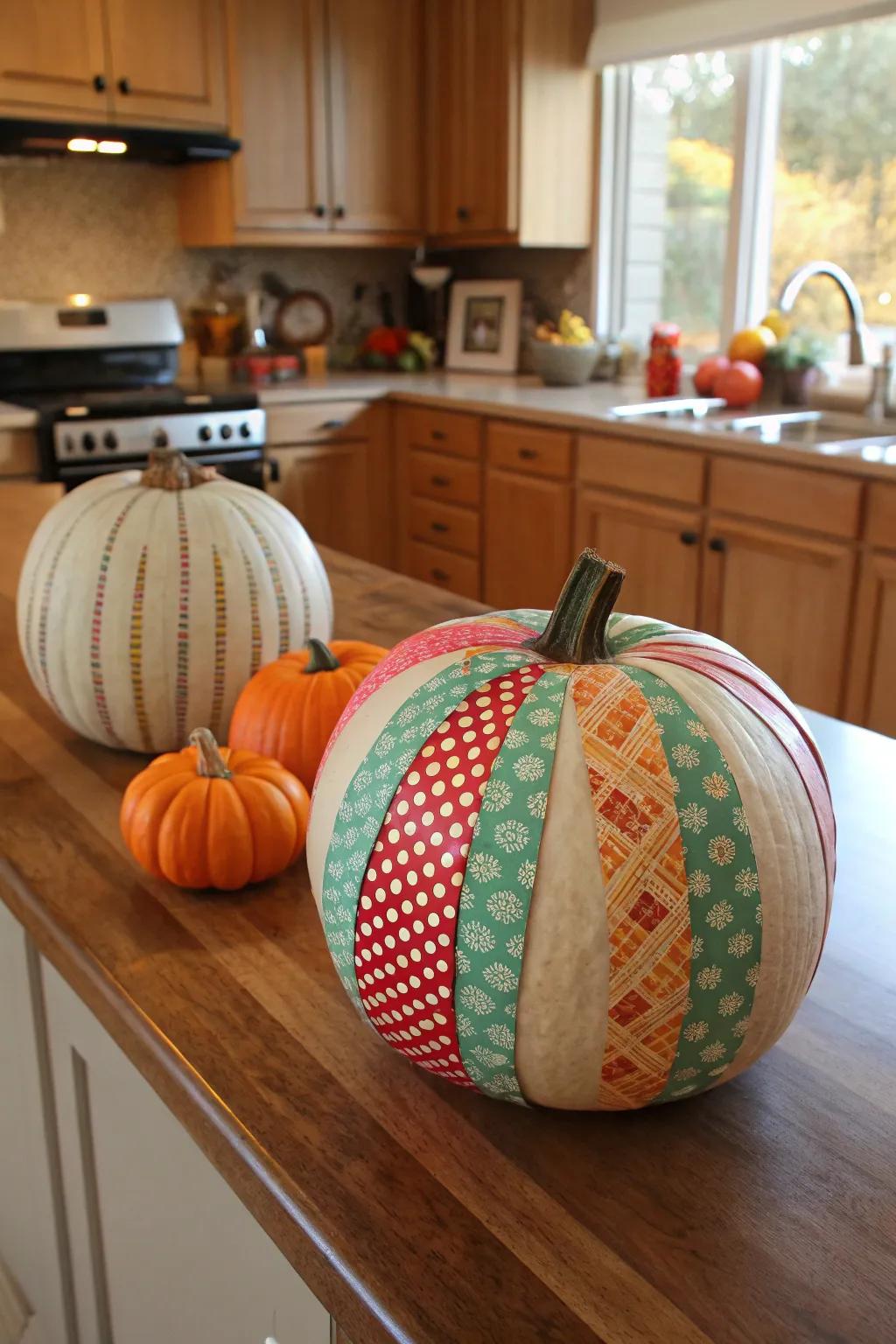 Patterned ribbon pumpkins showcasing vibrant patterns.