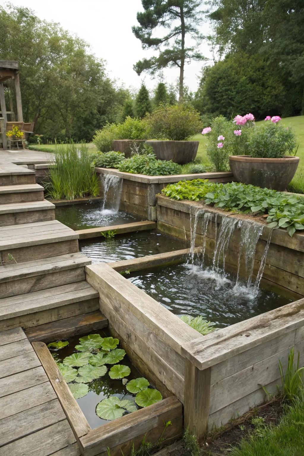 Terraced ponds contribute depth and dimension to garden layouts.