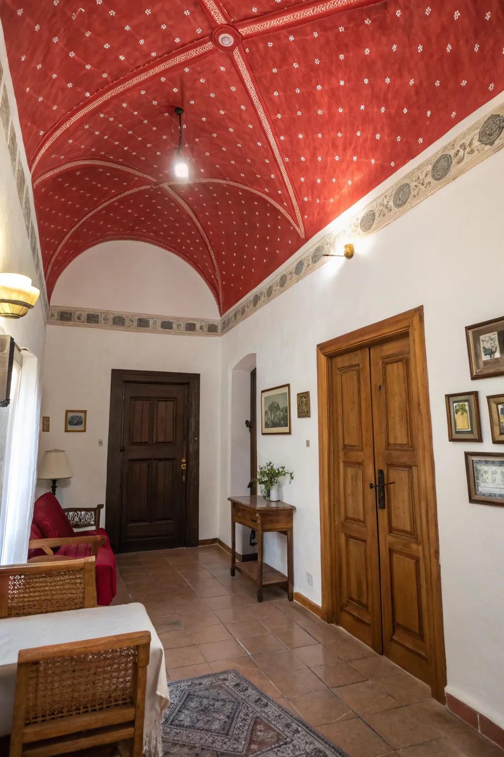 Uncommon rouge accents, such as a ceiling or door, add a unique twist.