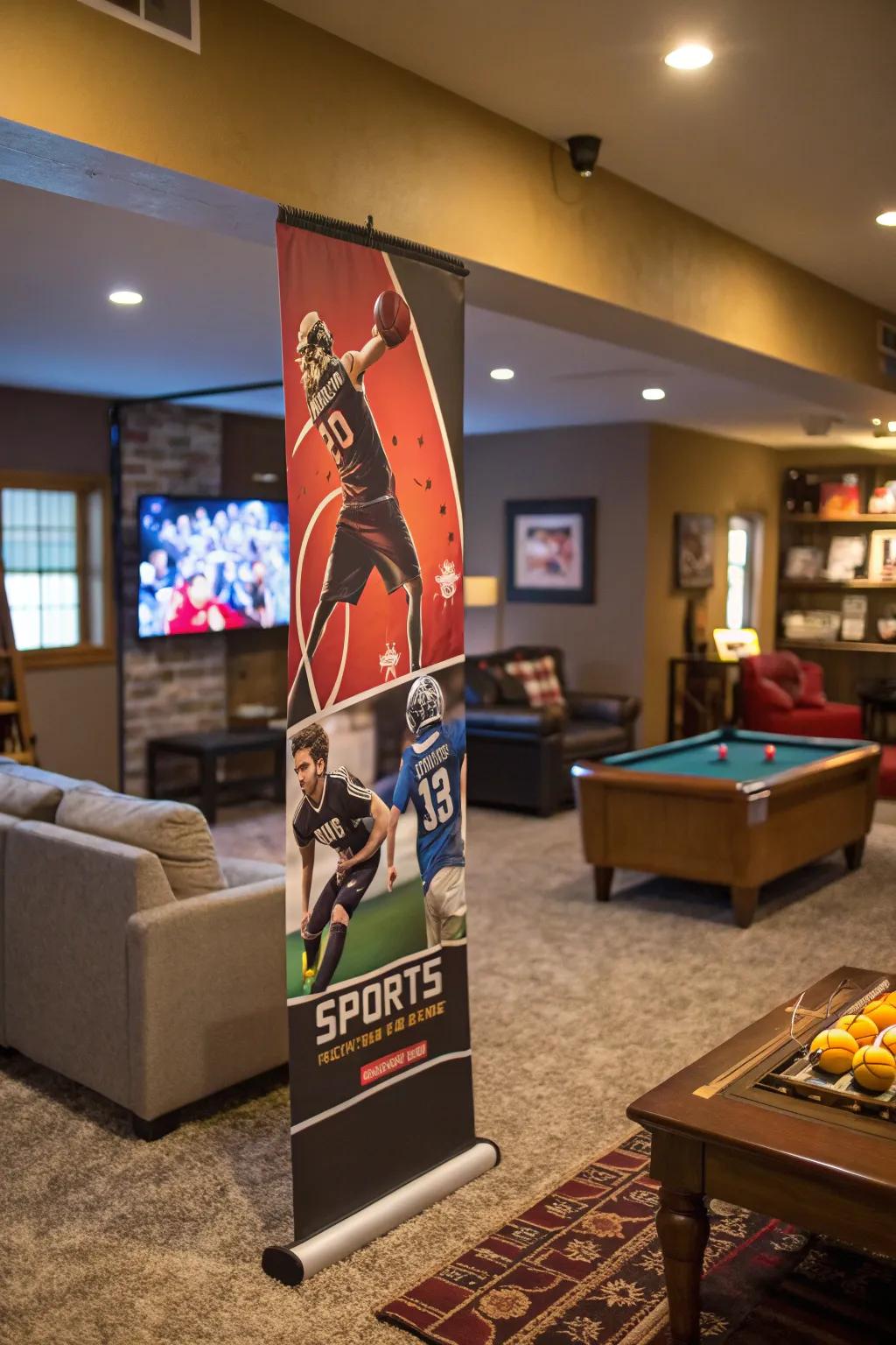 Celebrate your love for sports with a dynamic banner in your game room.