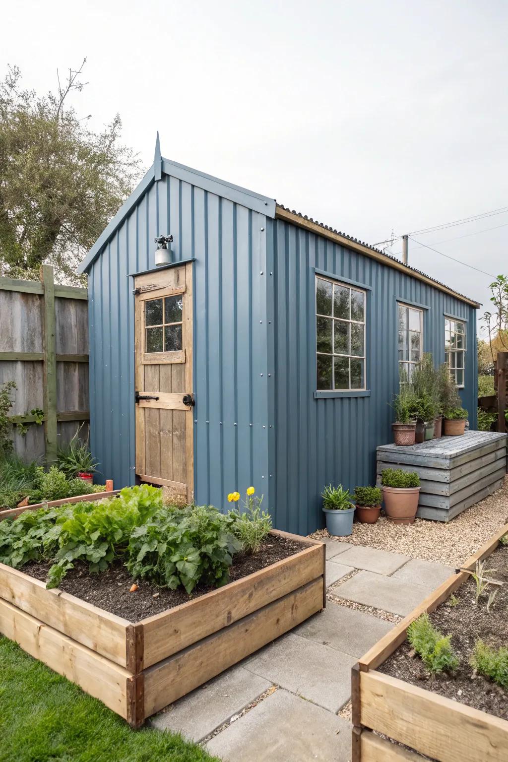 Steel blue sheds offer an industrial-chic look with modern and rustic elements.
