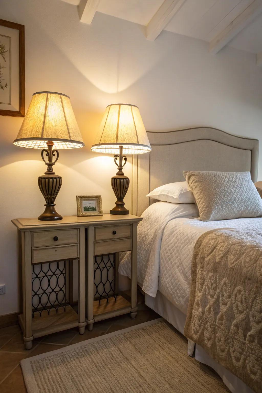 Lamps fashion a serene and fashionable bedroom retreat.