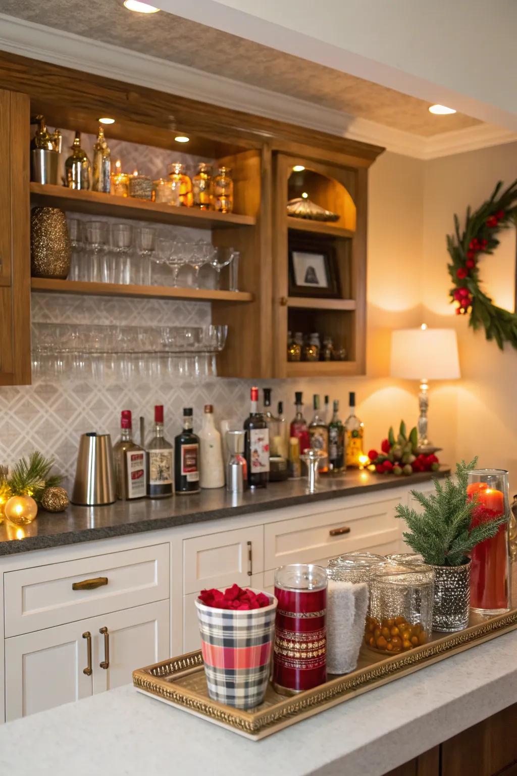 Seasonal decorations keep your home bar new and inviting.