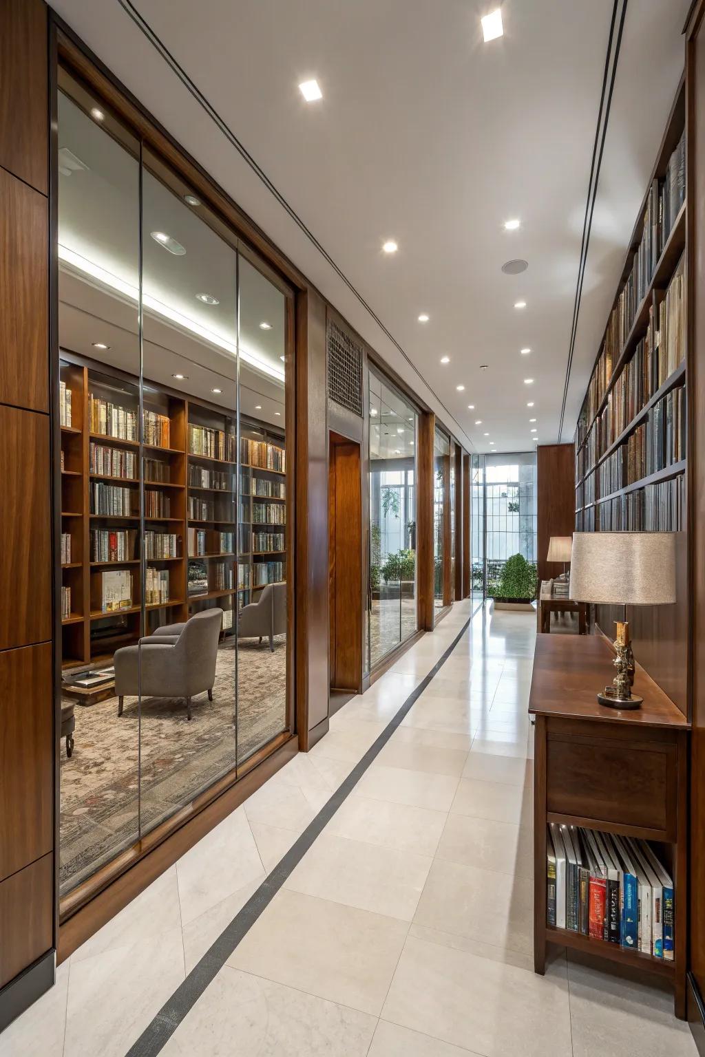 Reflective surfaces can create the sense of a larger library.