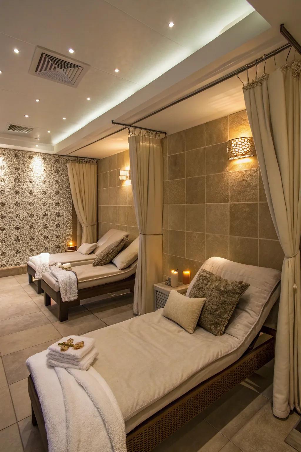 Comfortable relaxation nook within a small spa area